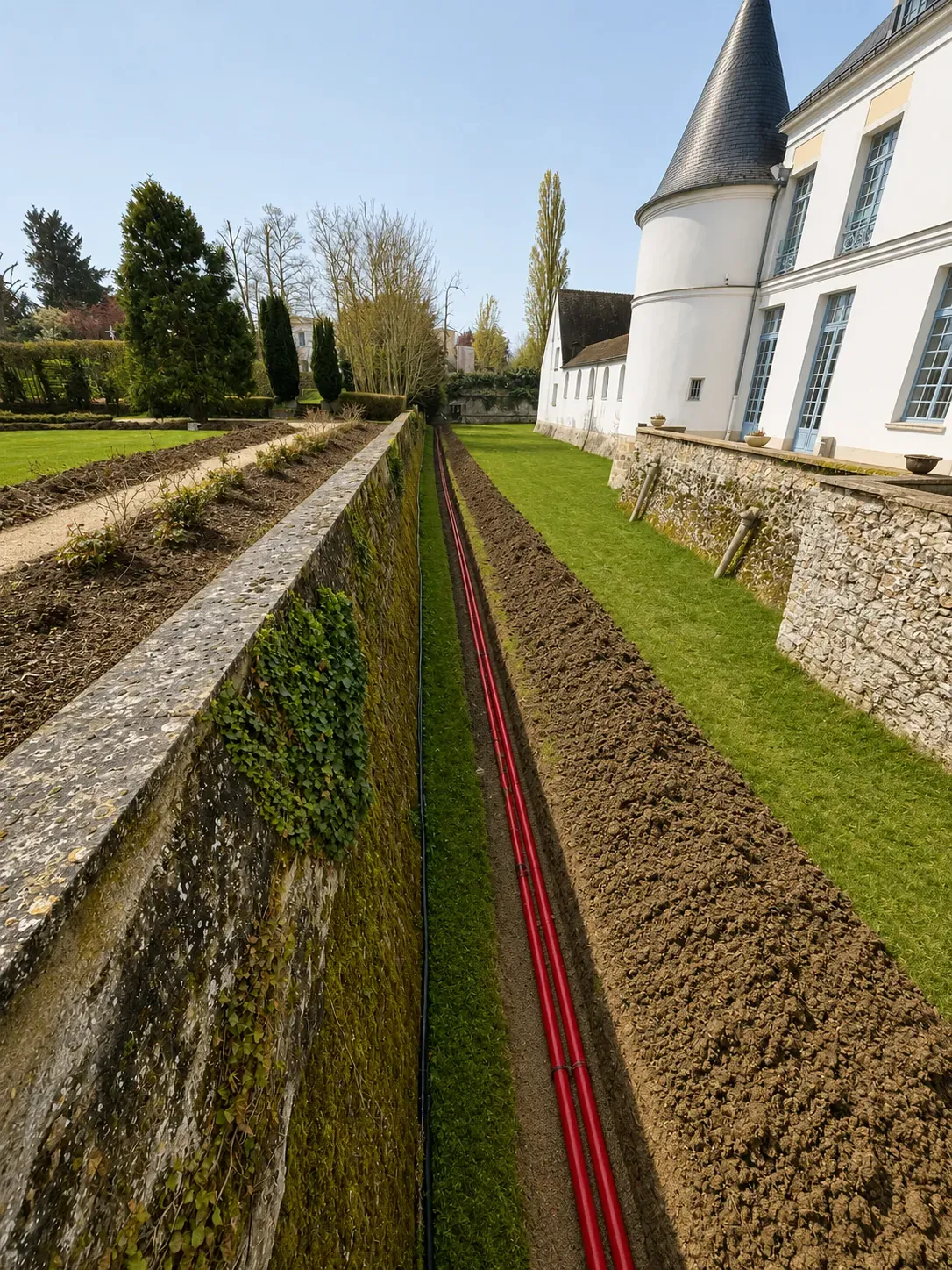 Tranchée technique et pose de réseaux enterrés le long d’un château